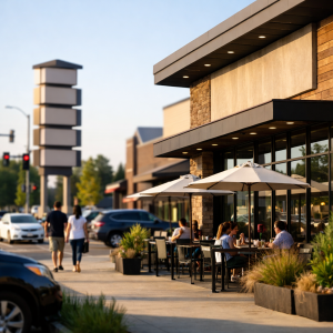Exterior view of a restaurant storefront in a suburban shopping center with outdoor seating, parking, and a pylon sign at a signalized intersection.