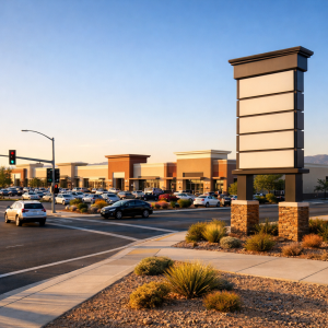 Exterior view of a multi-anchored shopping center with a tall pylon sign, parking lot, and signalized street intersection under a clear Nevada sky.