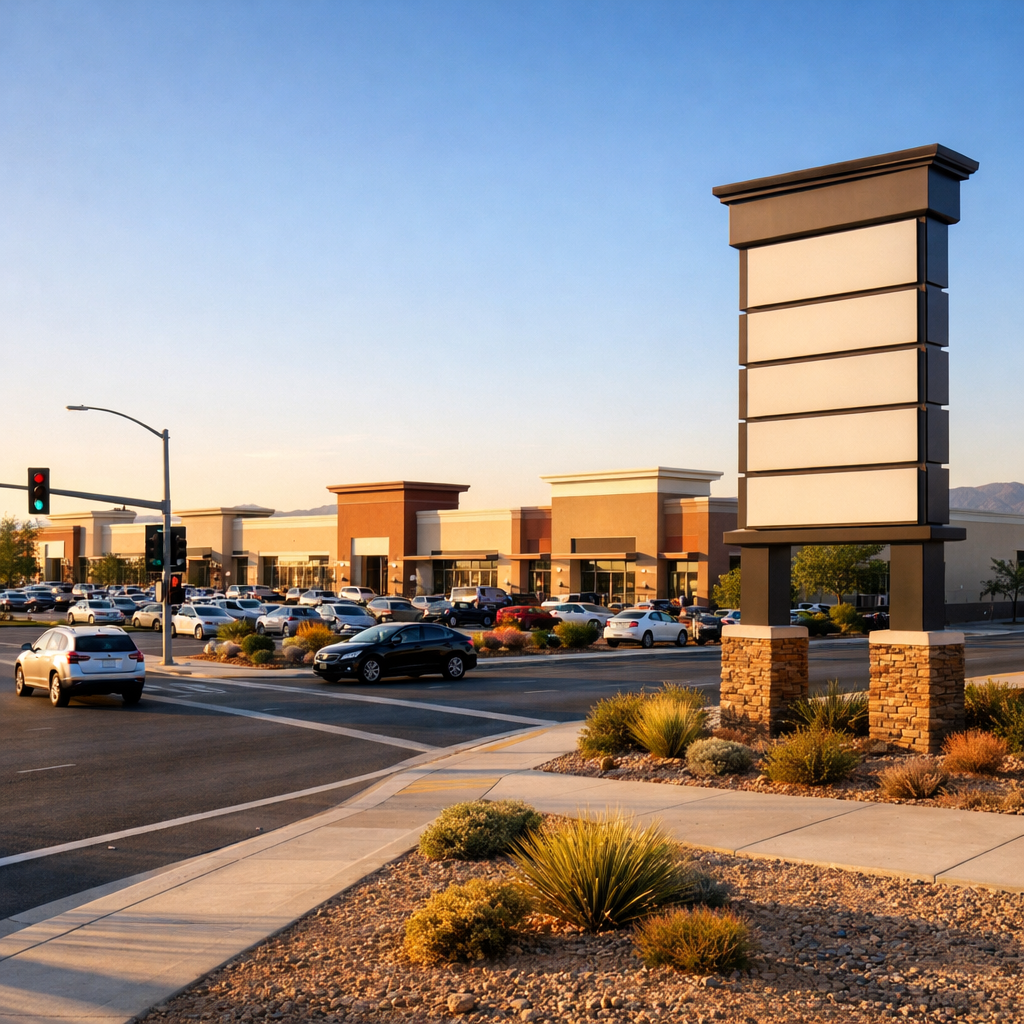 Exterior view of a multi-anchored shopping center with a tall pylon sign, parking lot, and signalized street intersection under a clear Nevada sky.